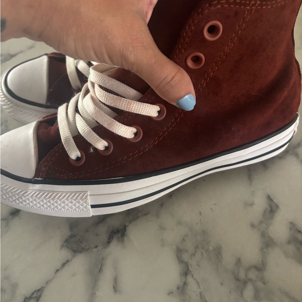 Converse High-Top Suede Sneakers in Rust Brown with White Trim